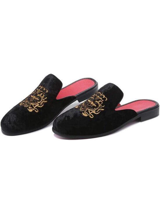 Men\'s Black Rubber Velvet Patent Leather Crown Embroidery Slip On Loafer Slipper main image 4